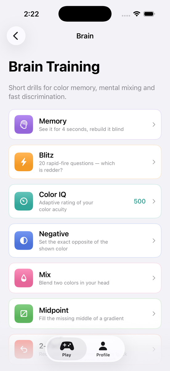 Brain training menu with seven drills